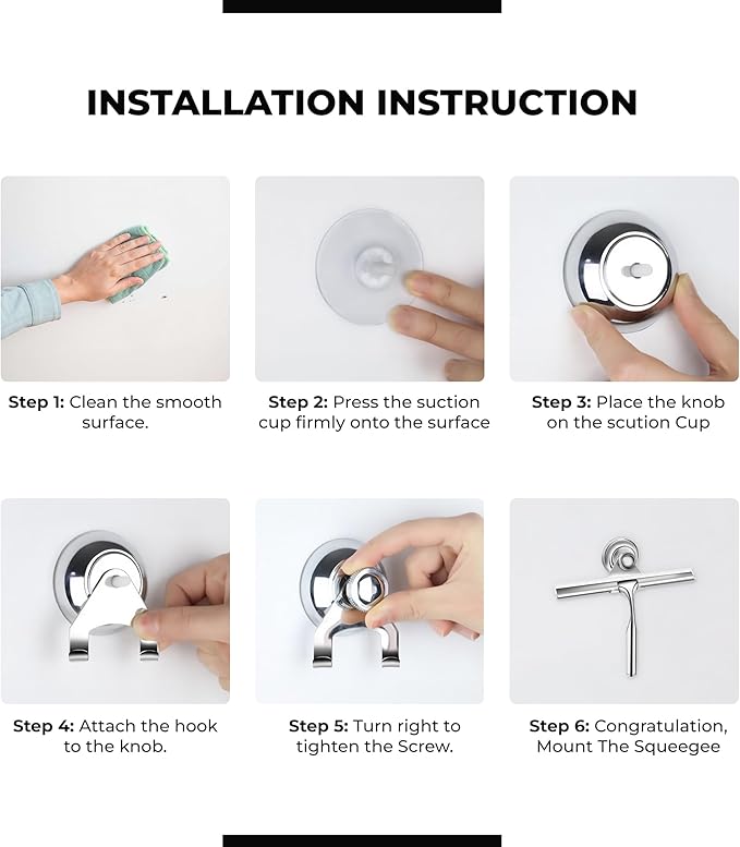 Matte Black Shower Squeegee for Glass Doors with Adhesive Hooks, Squeegee for Shower Glass, Cleaner Tool for Bathroom Household Window Mirror Tile Wall Car, 10 Inch Black