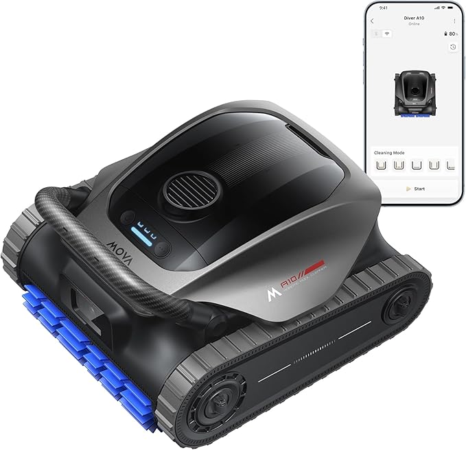 Mova Diver A10 Cordless Robotic Pool Vacuum Cleaner, 6,000GPH Suction, 240min Runtime, Wall Climbing & Double-Pass Waterline Scrubbing, AI-Powered Edge Cleaning & Path Planning, Auto Parking, 8 Modes