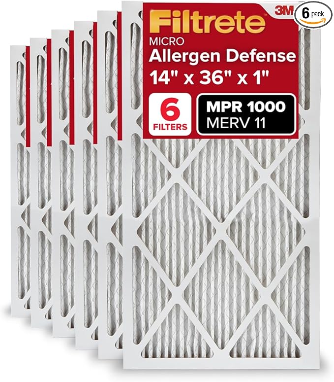 Filtrete 14x36x1 AC Furnace Air Filter, MERV 11, MPR 1000, Micro Allergen Defense, 3-Month Pleated 1-Inch Electrostatic Air Cleaning Filter, 6 Pack (Actual Size 13.81x35.1x0.81 in)