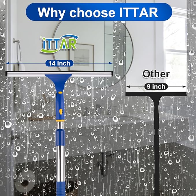 ITTAR 14 inch Multi-Purpose Shower Squeegee for Glass Doors, Swivel Window Squeegee with 1 Refill Rubber Blade, Extendable Bathroom Cleaner Tool for Shower Door Window Mirror Wall Car Windshield