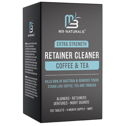 Coffee and Tea Retainer Cleaner Tablets, Removes Odors, Stains, and Plaque, 4-Month Supply, Denture Cleanser for Caffeine Enthusiasts, 120 Tablets by M3