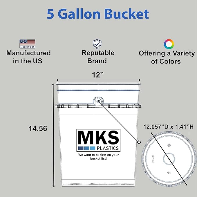 5-Gallon Bucket with Airtight Lid – Heavy-Duty Extra Durable Pail – Made in USA – Premium Quality HDPE – Food Grade – BPA Free – Metal Handle with Plastic Grip – Stackable – Multi-Use – White, 5 Pack