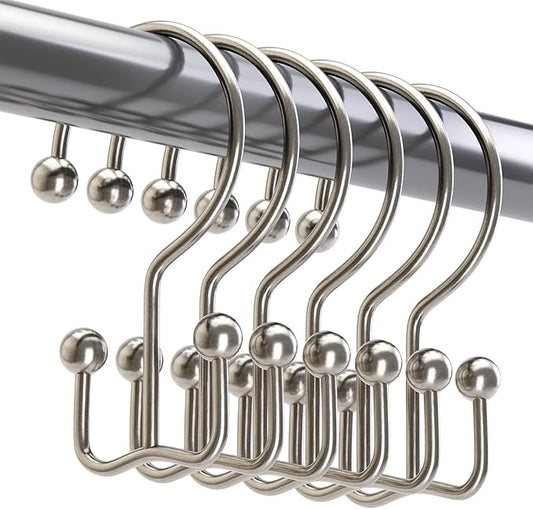 Titanker Shower Curtain Hooks Nickel, Minimalist Simple Double Glide Shower Curtain Rings, Rust Proof Metal Shower Hooks Rings for Bathroom Shower Rods Curtains, Set of 12 Hooks
