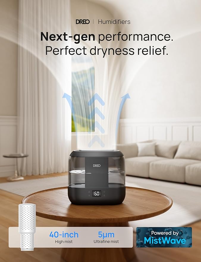 Dreo Smart Humidifiers for Bedroom-Filter Included, Top Fill 4L Humidifier Large Room with 28 dB, 36H Runtime, Touch/APP/Voice Control, Nightlight, Cool Mist Humidifiers for Baby, Plants, Ebony