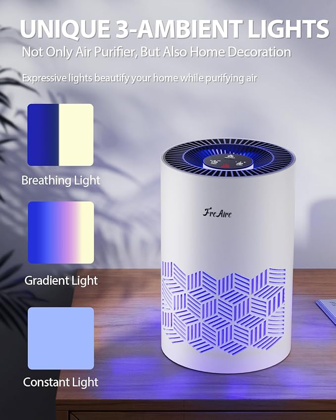 FreAire Air Purifiers for Bedroom, Air Purifiers for Home with Lights, HEPA Air Purifier Removes Dust Smoke Pollen Dander Smell, for Home/Pets/Bedroom