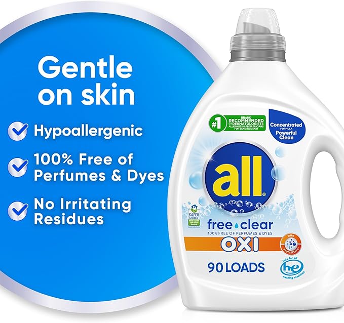 all Liquid Laundry Detergent, Free Clear for Sensitive Skin with OXI, Unscented and Hypoallergenic, 2X Concentrated, 90 Loads