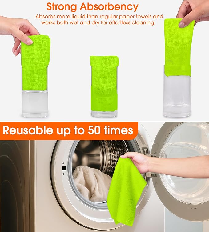 Microfiber Cleaning Cloth Roll - 100 Pack Tear Away Microfiber Paper Towels, Reusable, Washable, Scratch-Free, Kitchen Towels for Car, Home, Kitchen, Glass, Dishes (Neon Green)