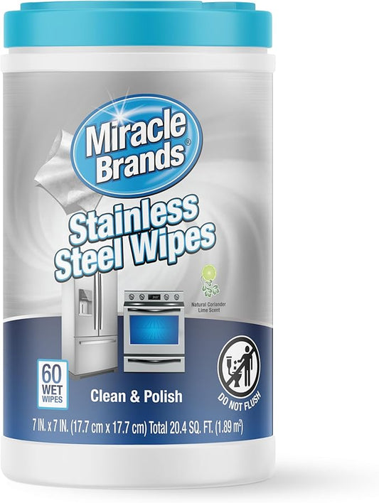 MiracleWipes for Stainless Steel, Great for Kitchen and Appliances, Including Oven, Refrigerator, Dishwasher, Microwave, Sink, Hood, Grill, Removes Fingerprints and Smudges - 60 Count