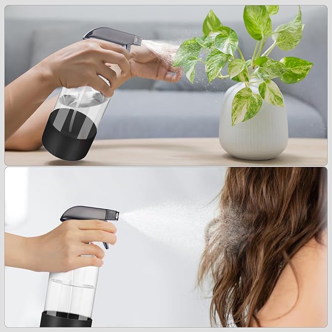 2 Pack Glass Spray Bottles with Silicone Sleeve, 16 oz Empty Refillable Containers with Adjustable Spray Nozzles, Spray Bottles for Hair, Cleaning Solutions and Plants Black&Grey