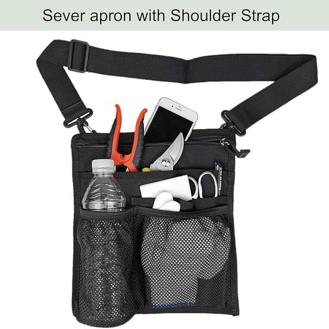 Sever Aprons Waitress Apron with Pockets Tool Belt for Women Money Pouch Waitresses Artist Work Half Tool Cleaning Apron Organizer Nurse Fanny Pack Black Shoulder Strap and Adjustable Belt