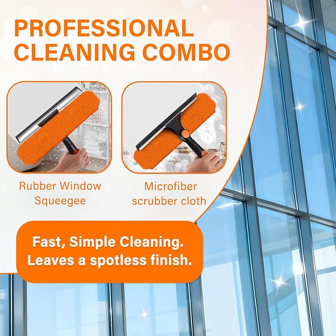 26FT Telescoping Window Squeegee Kit | 2-in-1 Professional Window Washer & Microfiber Scrubber with Extension Pole | High Reach Cleaning Tool for Outdoor, Indoor Windows & Glass