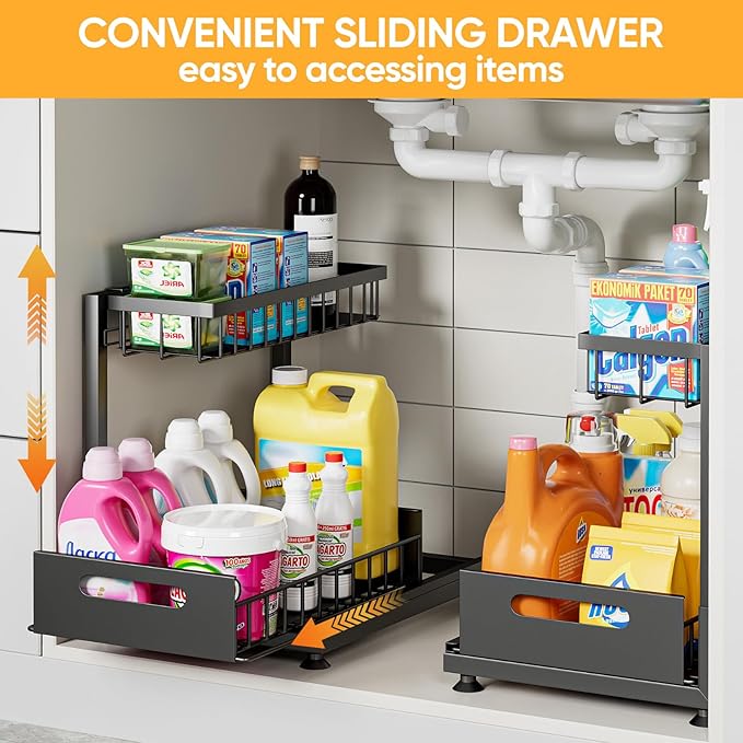 Under Sink Organizer Storage 2-Tier Premium Metal Pull-Out Kitchen Cabinet Organizer with Sliding Drawer, Height Adjustable, Heavy Duty for Kitchen & Bathroom Organizers 1 Pack Black