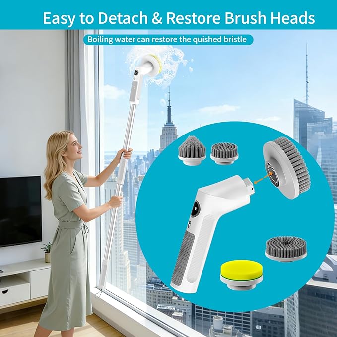 Electric Spin Scrubber, Cordless 20W High-Torque IPX7 Waterproof Cleaning Brush with LED Battery Display, 2-Speed &6 Replaceable Heads & Extendable Long Handle for Bathroom Kitchen Car