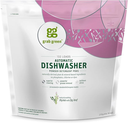Grab Green Automatic Dishwashing Detergent Pods, 132 Count, Thyme Fig Leaf Scent, Plant and Mineral Based, Superior Cleaning, Powerful Grease Removal, Brilliant Shine