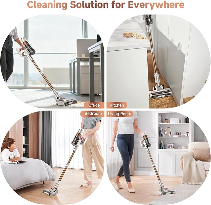 Cordless Vacuum Cleaner: Portable 6-in-1 Stick Vacuum with Anti-Tangle Brush, LED Headlight, Self-Standing, HD display, Rechargeable Vacuum for Pet Hair, Low-Pile Carpet and Hardwood Floor-Off White