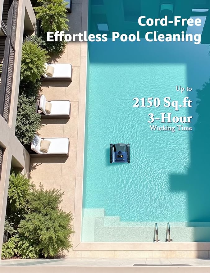 Pool Vacuum for Inground Pools, Zyerch Robotic Pool Cleaner for Above Pools with Floor/Wall Climbing/Waterline Cleaning, 180 Min Runtime, Pools up to 2150 Sq.Ft