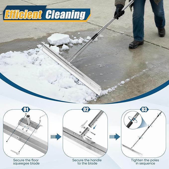 CAROD 33.4" Heavy Duty Floor Squeegee for Concrete, Industrial Silicone Blade Squeegee for Floor with 63" Stainless Handle, Anti-Splash Curved Baffle Design for Warehouse, Factory, Outdoor Use