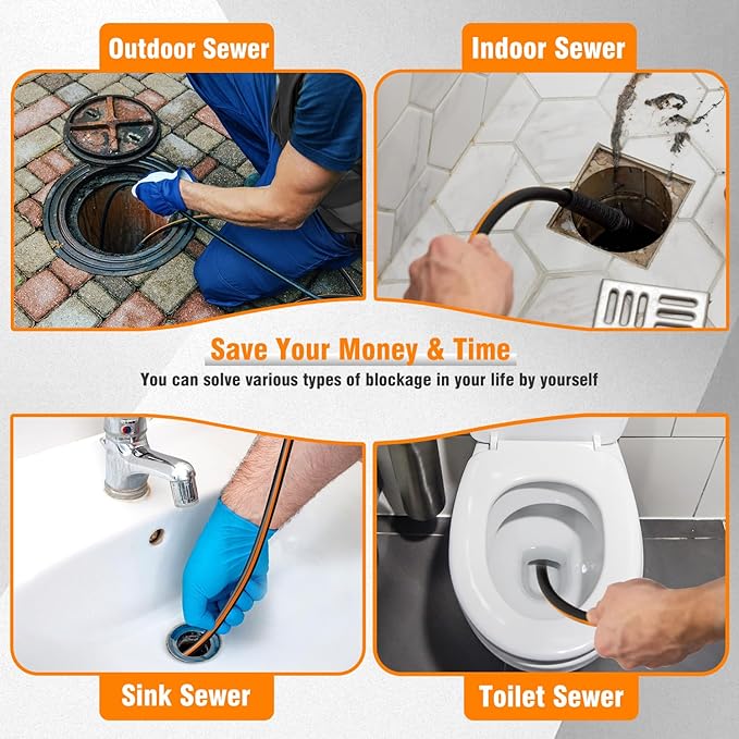 200FT Sewer Jetter Kit for Pressure Washer, 1/4" NPT Corner Drain Cleaner Hose 5800 PSI with Sewer Jetting Nozzles, Pearl Corsage Pin, Waterproof Tape, Extension Cord Organizer&2 Spanner