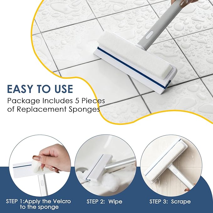 3 Pack Shower Scrub Brush Set - Detachable Stiff Bristle Grout Cleaner Brush, 2-in-1 Shower Glass Squeegee with Replacement Sponges, Scrubbing Brushes for Cleaning Bathroom, Bathtub, Gaps, Tile, Sink