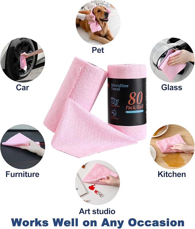 80 Pack Microfiber Cleaning Cloth Roll Reusable Paper Towels 12"x12" Tear Away Cloth,Absorbent Dish Rags for House Kitchen,Wash Cloths,Lint Free Rags for Window Cars Cleaning Supplies