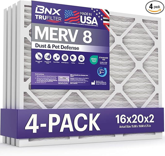 BNX TruFilter 16x20x2 Air Filter MERV 8 (4-Pack) - MADE IN USA – Dust & Pet Defense Electrostatic Pleated Air Conditioner HVAC AC Furnace Filters for Dust, Pet, Mold, Pollen MPR 600 – 700 & FPR 5