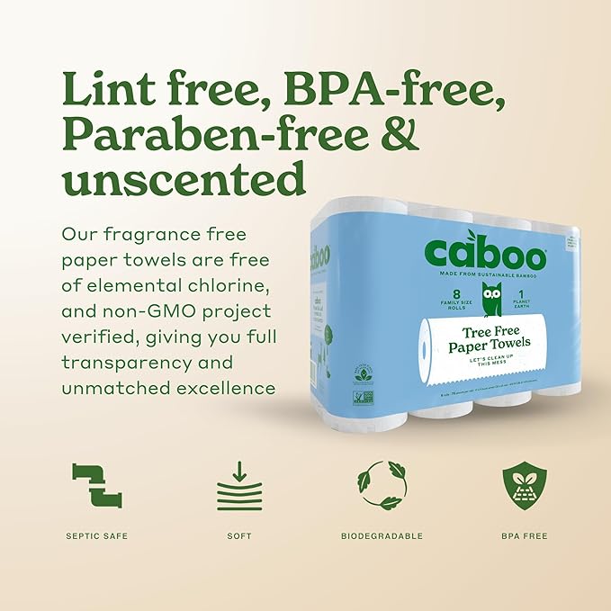 Caboo Tree Free Paper Towels, 8 Rolls, Earth Friendly Sustainable Kitchen Paper Towels with Strong 2 Ply