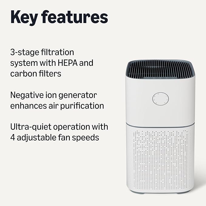 Amazon Basics Air Purifier for Home Large Rooms with 3-Stage Filtration, HEPA Filter, Covers Up to 2600 Sq ft, White