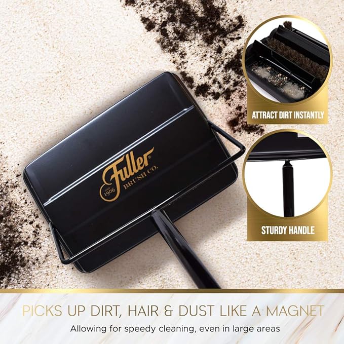 Fuller Brush Electrostatic Carpet & Floor Sweeper with Additional Rubber Rotor - 9" Cleaning Path - Lightweight - Ideal for Crumby & Wet Messes - Works On Carpets & Hard Floor Surfaces (Black)