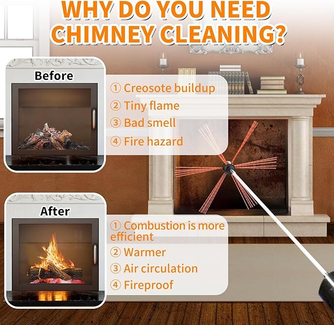 Sealegend 39 Feet Chimney Sweep Kit Chimney Brush, Chimney Cleaning Kit and Rotary Chimney Cleaning System, Fireplace Brush Tool with 12 Nylon Flexible Rods