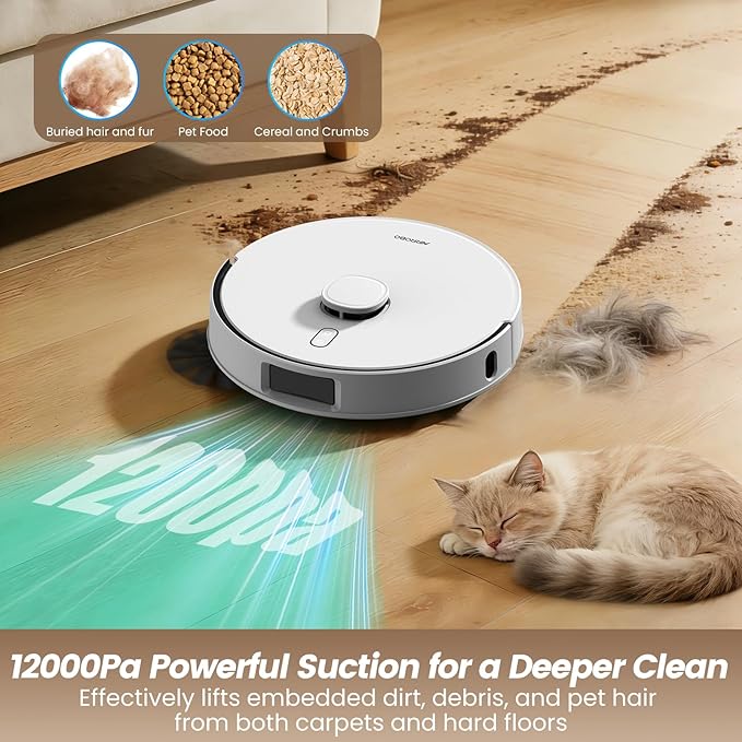 AIRROBO T30+ Robot Vacuum and Mop, 75-Day Self-Emptying, 12,000Pa Suction, Active Intelligent Obstacle Avoidance, Tangle-Free Brush, Carpet Avoidance, LiDAR Navigation, Smart Mapping, White
