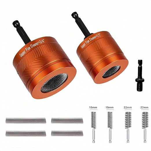 1/2" & 3/4" Copper Pipe Cleaner Set for Drill, with 1/4" Hex Shank & 6 Brush Blades & 4 Stainless Steel Wire Bore Brush Plumbing Tools for Removing Rust, Stains & Paint from Copper & Metal Pipes