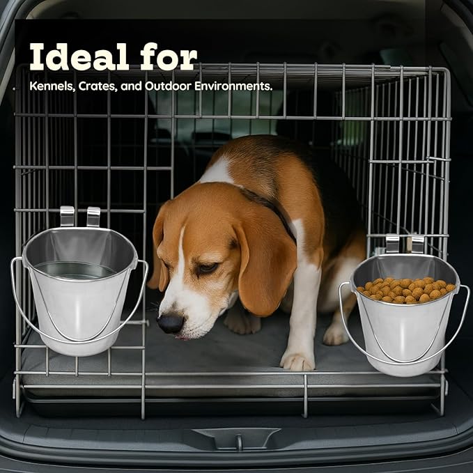 4 Quart Stainless Steel Flat Sided Bucket with Dual Hooks | 2 Pcs Durable Food & Water Bowl for Dogs Cats Goat & Livestock | Fits kennel Cage Critter Crate Hanging Pet Pail | Multipurpose