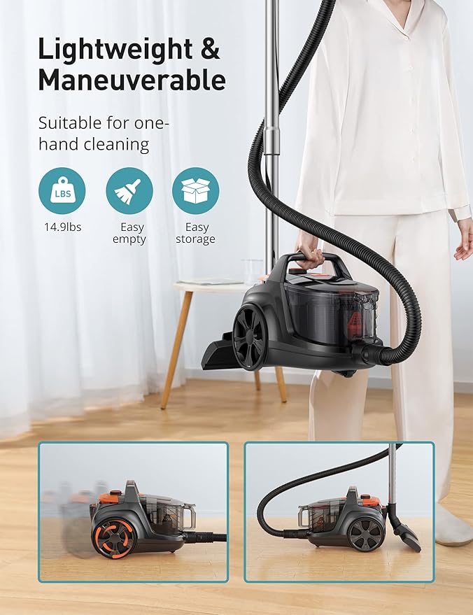 Aspiron Canister Vacuum, Upgraded 1600W Bagless Canister Vacuum Cleaner, Auto Cord Rewind, H13 HEPA Filter, 4Qt Large Capacity, 5 Tools for Hard Floors, Carpet, Pet, Upholstery, Tiles, Coral