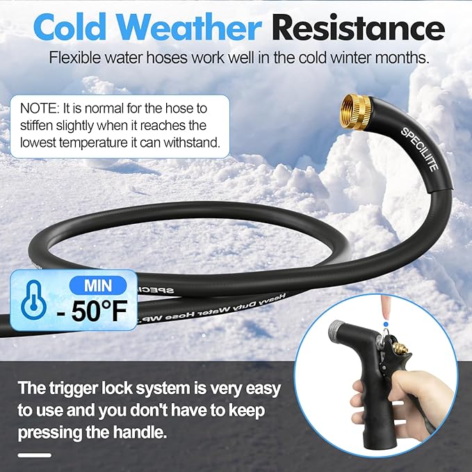SPECILITE 3/4" Hot/Cold Garden Hose 150 ft with Industrial High Pressure Nozzle, Flexible & Lightweight, 600psi Burst Rubber Water hose -50℉-158℉ With 3/4" Brass Fittings for Yard, Black