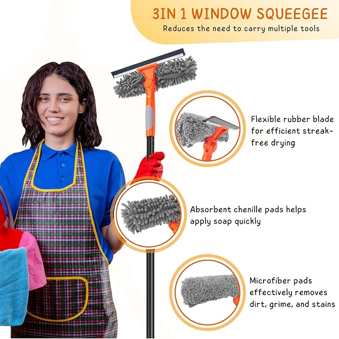 Window Cleaner Tool for Home, 59.5'' Squeegee Kit for Car Windshield, Shower Door, Mirror Cleaning, 2 in 1 Outdoor Glass Washer with Extension Pole