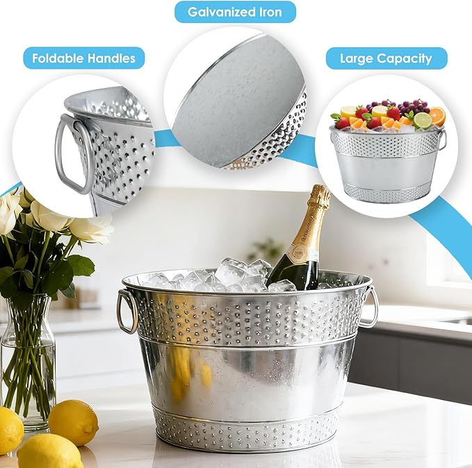 2PCS Galvanized Tub Ice Bucket For Parties, Thick Metal Galvanized Drink Buckets, Beverage Bucket with Handles,Drink Bucket for Indoor & Outdoor Party (Sliver)