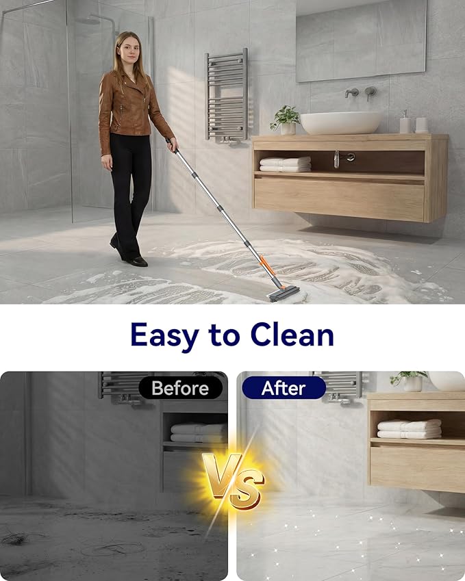 Small Floor Scrub Brush with Length Adjustable Long Handle, 3 in 1 Heavy-Duty Stiff Bristle Scrubber Brush with Squeegee and Tweezer for Cleaning Bathroom, Tile, Deck, Patio, Garage and Kitchen