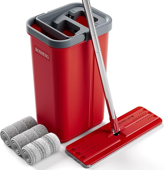 Mop and Bucket with Wringer Set, Flat Mop and Bucket, Squeeze Floor Mop with 3 Washable Microfiber Mops, Wet and Dry Use, Household Cleaning Tools, for Hardwood Floor, Laminate, Tile