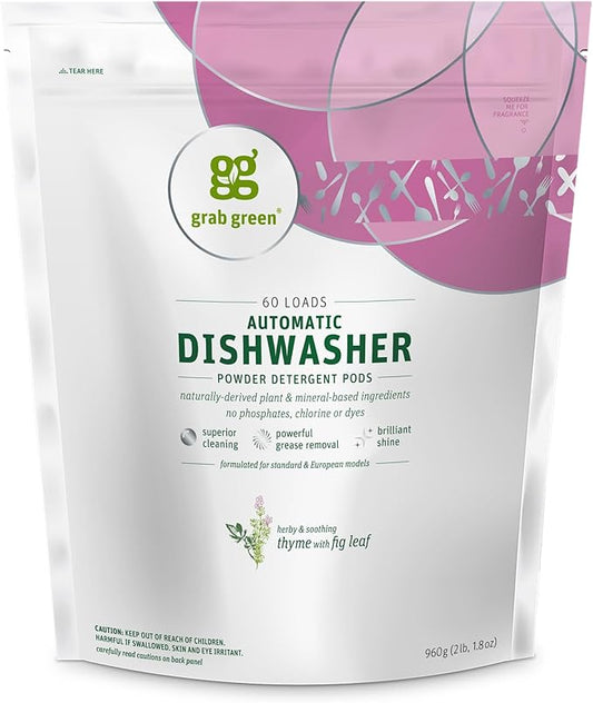 Grab Green Automatic Dishwashing Detergent Pods, 60 Count, Thyme Fig Leaf Scent, Plant and Mineral Based, Superior Cleaning, Powerful Grease Removal, Brilliant Shine