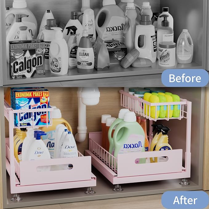 Under Sink Organizer Storage 2-Tier Premium Metal Pull-Out Kitchen Cabinet Organizer with Sliding Drawer, Height Adjustable, Heavy Duty for Kitchen & Bathroom Organizers 1 Pack Pink