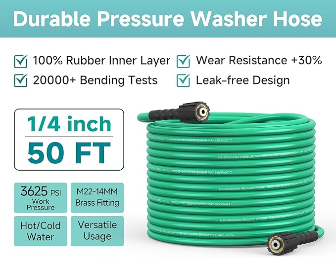 Flexible Pressure Washer Hose 50FT 1/4", 3625 PSI Kink Resistant Power Washer Hose with M22-14MM Brass Fittings, High Pressure Replacement Hose for Gas & Electric Pressure Washers
