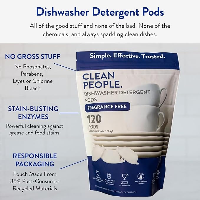 The Clean People Dishwasher Pods - Cuts Grease & Rinses Sparkling Clean - Residue-Free - Phosphate Free Dishwashing Pods (60 Count, Fragrance Free)