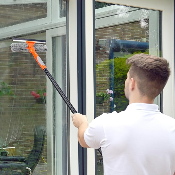 Window Cleaner Tool for Home, 59.5'' Squeegee Kit for Car Windshield, Shower Door, Mirror Cleaning, 2 in 1 Outdoor Glass Washer with Extension Pole