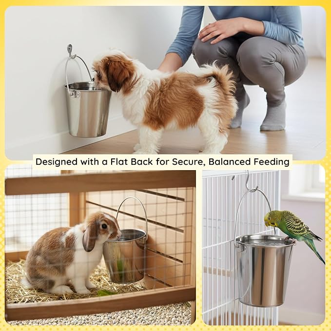 2 quart Stainless Steel Flat Side Bucket | 0.5 gal Durable Heavy Duty Food & Water Feeding Pails for Small Pet Birds Dog Cat | Fits kennel Cages Critter Crates Hanging Pail | Multipurpose