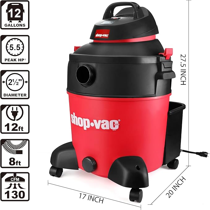 Shop-Vac 12 Gallon 5.5 Peak HP Wet/Dry Vacuum, SVX2 Motor Technology, 3 in 1 Function Portable Shop Vacuum with Cart, Attachments, Drain Port. 5973036