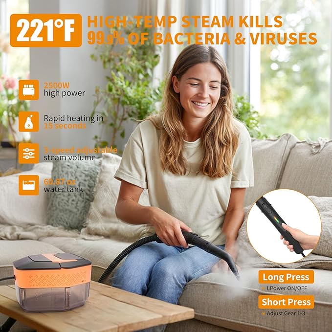 Steam Cleaner,3-Level Adjustable Handle,60.87oz Tank 15s Heat-Up,2500w Portable Steamer for Cleaning,Handheld Steam Cleaner for Home for Dirt,Grease,Bed Bugs,Grout,Tile,Floor,Car