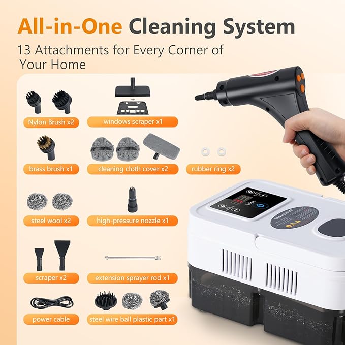 Steam Cleaner for Home & Car, 15s Fast Heat-Up, 1.2L Large Tank, 221°F High-Temp Portable Handheld Steamer for Deep Cleaning Grout, Tile, Grease, Floors & Sanitizing Furniture, Couch, Car Detailing