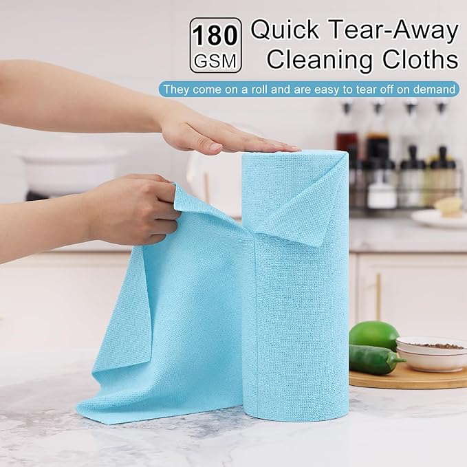 Homaxy Tear Away Dish Cloths Rolls, 40 Sheets-11.8" X 11.8", Reusable Washable Dish Towels for Kitchen, Ultra Absorbent and Quick Drying Microfiber Cleaning Rags, Aqua