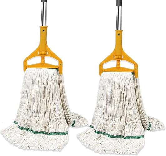 2 Pack Commercial Mop Heavy Duty Industril Cotton MopReplacements Heads, 20 oz Wet Industrial Cotton Looped End String Mop Refills with 2 60" Long Handle Heavy Duty for Floor Cleaning