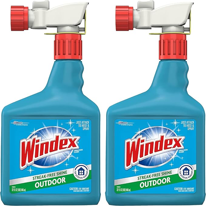 Windex Outdoor Window and Glass Cleaner for Hose Ammonia Free, Concentrated Formula for Deep Outdoor Clean, Patio Cleaner, Compatible With All Hoses, 32 Fl Oz (Pack of 2)